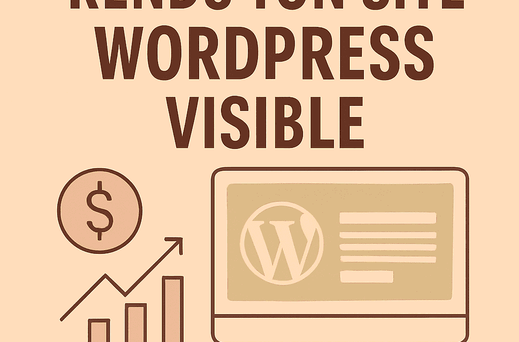 Illustration élégante d’un site vitrine WordPress sur fond beige, avec un écran et une flèche de croissance pour symboliser la visibilité et la rentabilité