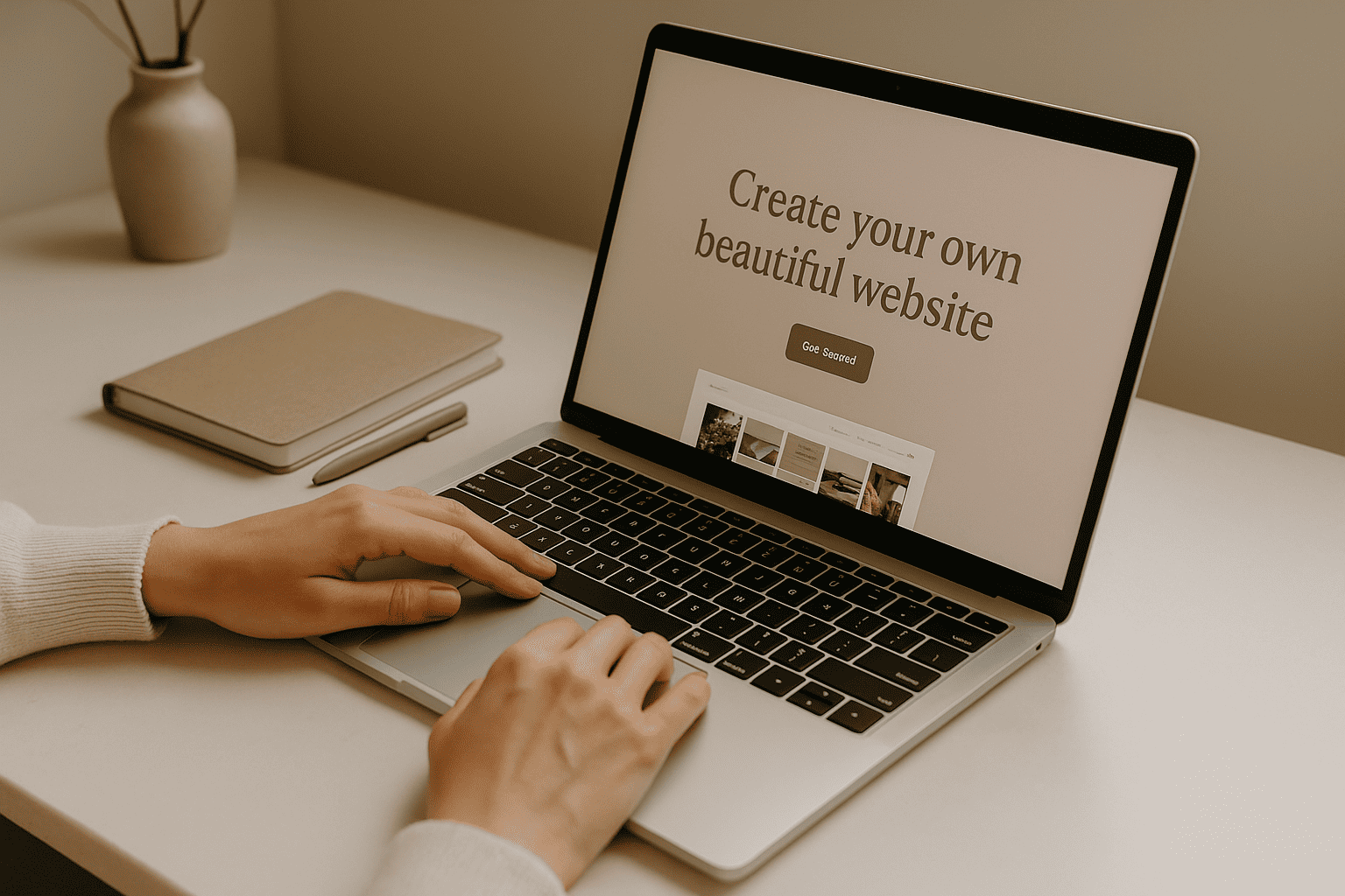 Création site vitrine - travail professionnel sur ordinateur Mains d'une entrepreneuse travaillant sur la création de son site vitrine WordPress sur un ordinateur portable, ambiance élégante et épurée</p>
<p>